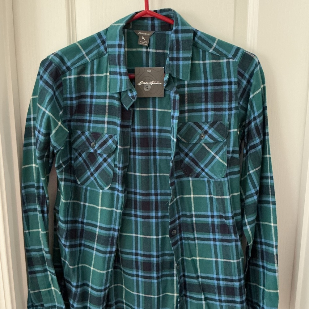 Eddie Bauer Green and Blue Casual Button Down Shirt NWT